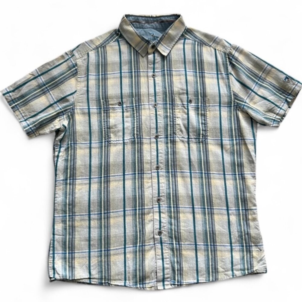 Kuhl Shirt Mens Large Short Sleeve Button Up Blue Plaid Linen Cotton Outdoors